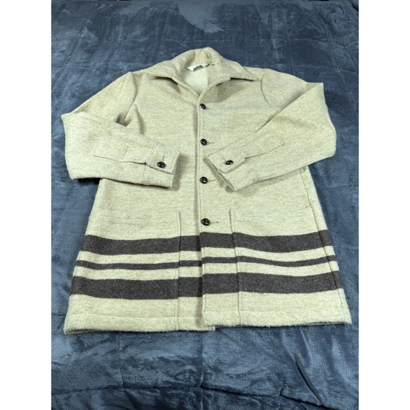 RARE VTG Woolrich no belt Tan Brown Stripe Wool Jacket Coat Medium USA Button Up